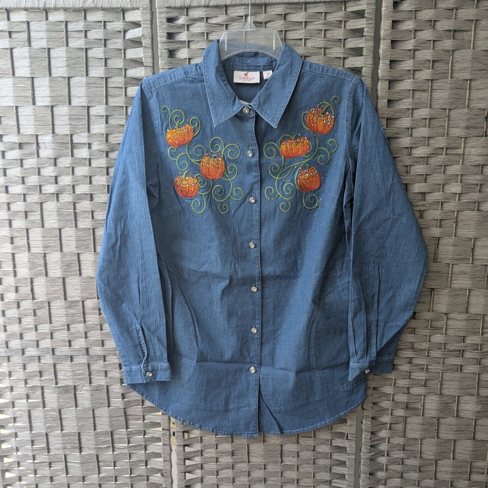 Quacker Factory Button Up Denim Shirt Blue Pumpkin Embroidered Sequin Beaded XS